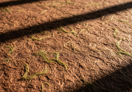 A close up view of a thick, handmade hemp paper texture, featuring earthy brown tones and visible green fibers. the surface is illuminated by warm light, creating interesting shadow patterns, ideal for backgrounds or design elements.の素材