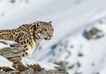 A majestic snow leopard with its distinctive spotted fur stands on a snow covered rock, looking intently into its mountain environment. this powerful big cat embodies resilience and wild beauty.の素材