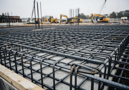 A close up shows a dense grid of steel rebar reinforcement meticulously laid out on a setting concrete slab. this image captures the essential structural elements of a modern building foundation.の素材