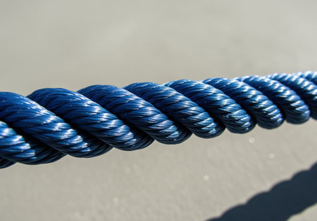 A crisp close up shot reveals the robust texture of a new, tightly braided dark blue nylon rope. it conveys themes of strength, security, and marine or industrial utility.の素材