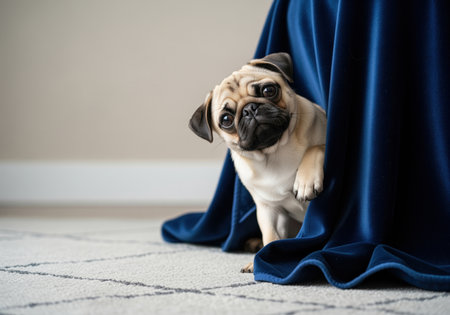 A charming young pug with light tan fur and expressive eyes peeks playfully from behind a luxurious dark blue velvet curtain, looking directly at the viewer. this image conveys curiosity and cuteness.の素材