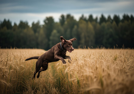 A playful chocolate labrador retriever puppy joyfully leaps through a golden wheat field, showcasing its agility and energetic spirit. ideal for themes of pet happiness, outdoor adventures, and dog training.の素材
