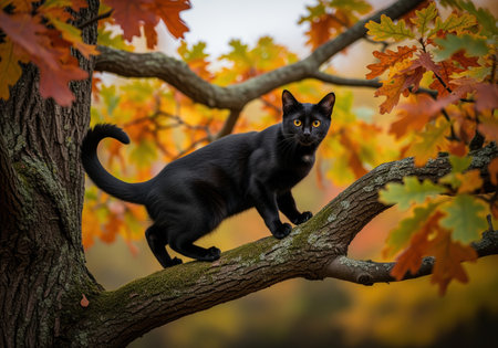 A sleek black cat with piercing golden eyes is elegantly poised on a mossy oak branch, surrounded by the warm, vibrant colors of autumn foliage. this image evokes a sense of natural beauty and feline grace.の素材