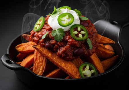 A dramatic close up of hot sweet potato wedges piled high in a cast iron skillet, generously topped with savory chili, cool sour cream, and fresh sliced jalapenos, perfect for a hearty meal.の素材