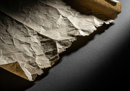 A sheet of aged, off white parchment paper is dramatically lit, showcasing its deeply crumpled texture and rough, torn edge. ideal for vintage backgrounds or historical document concepts.の素材