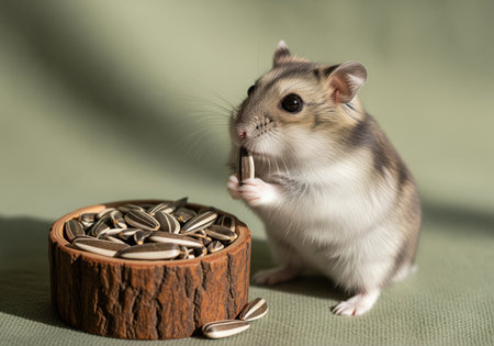 A charming gray and white dwarf hamster stands beside a small wooden bowl, delicately holding and eating a sunflower seed with its tiny paws. this cute scene captures the hamster natural feeding behavior.の素材