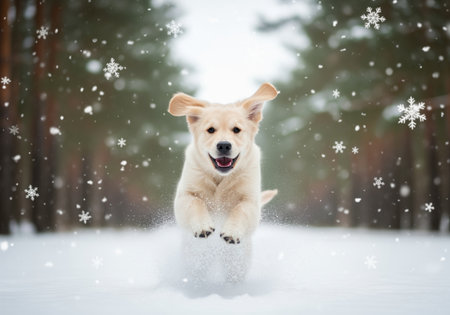 A cheerful golden retriever puppy bounds through a snowy landscape, kicking up powder with its playful energy. this heartwarming scene captures the pure joy of winter.の素材