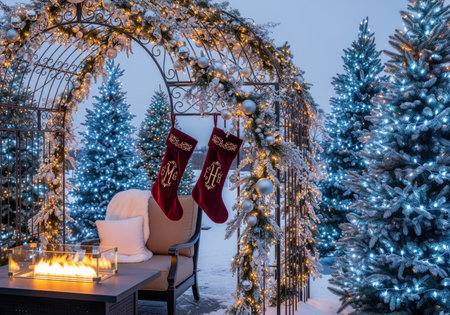 A beautiful outdoor christmas scene featuring a decorated archway, illuminated evergreen trees, and a warm fire pit, creating a festive and inviting winter atmosphere.の素材