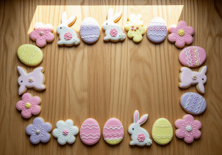 A delightful arrangement of pastel easter sugar cookies, shaped as bunnies, eggs, and flowers, beautifully decorated with icing, creating a festive frame. perfect for holiday celebrations.の素材
