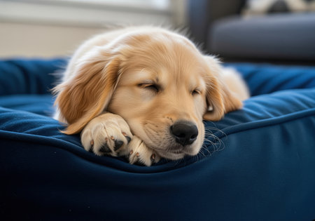 A charming golden retriever puppy sleeps soundly in a plush blue dog bed, showcasing its soft golden fur and peaceful expression. ideal for themes of comfort, pets, and relaxation.の素材