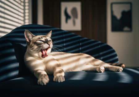 A beautiful siamese cat yawns widely while stretching out lazily on a dark blue sofa. sunlight streams through blinds, casting striped shadows across its fur, creating a cozy, relaxed domestic scene.の素材