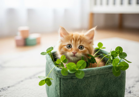 A charming fluffy ginger kitten with wide eyes peeks out from a soft green felt basket, surrounded by fresh clover leaves, creating a sweet and playful scene.の素材
