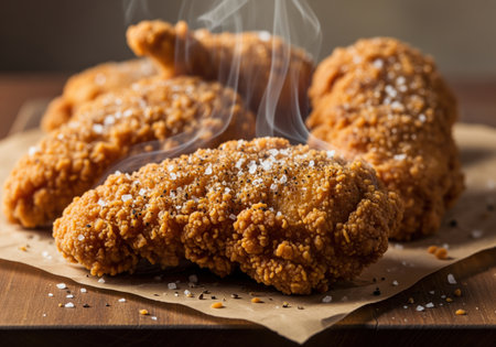 Several pieces of steaming hot buttermilk fried chicken with a thick, craggy, golden brown crust, seasoned with salt and pepper, ready to be enjoyed as a delicious meal.の素材