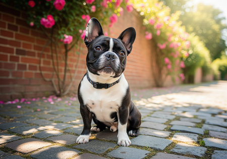 A charming black and white french bulldog sits attentively on a cobblestone path, surrounded by vibrant pink roses. this delightful scene captures the dog friendly and curious nature.の素材