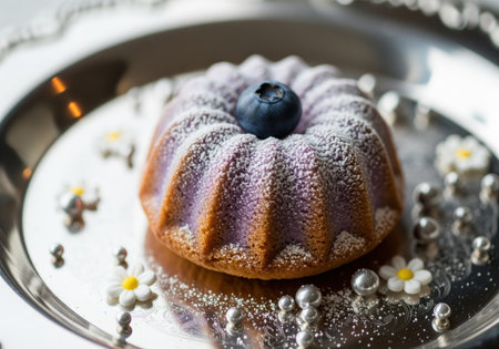 A charming mini bundt cake, dusted with powdered sugar and topped with a fresh blueberry, rests elegantly on a silver tray adorned with delicate white flowers and silver beads. perfect for dessert menus or celebratory themes.の素材