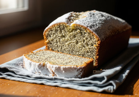 A delectable lemon poppy seed loaf cake, generously dusted with powdered sugar, sits on a light blue napkin. a thick slice is cut, revealing its moist texture and poppy seeds, perfect for a sweet treat or dessert.の素材
