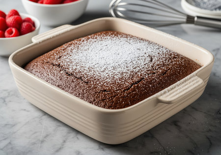 A rich, dark chocolate cake, still warm and slightly sunken, is presented in a square ceramic baking dish, generously dusted with powdered sugar. perfect for dessert recipes or bakery promotions.の素材