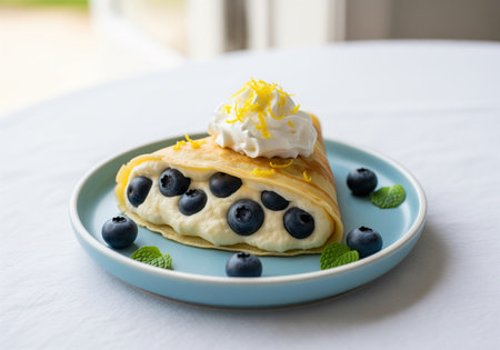 A beautifully plated blueberry lemon crepe, folded and filled with creamy goodness, topped with whipped cream, lemon zest, and garnished with fresh mint leaves and whole blueberries. perfect for dessert menus or food blogs.の素材