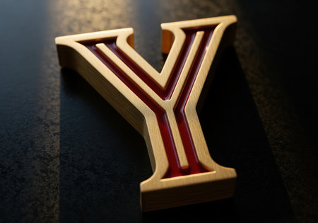 A luxurious, three dimensional letter y crafted from brushed gold and featuring a deep red inset design. this ornate typography element is ideal for branding, initial monograms, or high end design projects.の素材