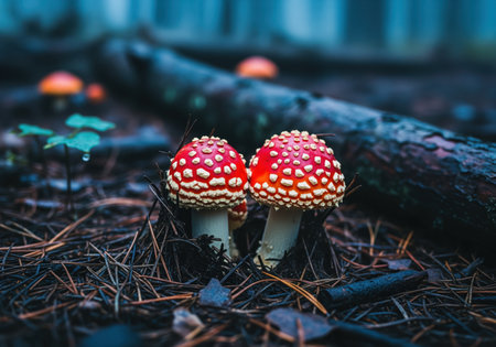 Two striking red and white fly agaric mushrooms emerge from the damp, dark forest ground, surrounded by pine needles and a fallen log, suggesting a mysterious woodland atmosphere.の素材