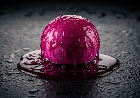 A dramatic close up of a vibrant magenta sphere melting, covered in thick, glossy syrup that drips down and pools around the base, creating a surreal and intense visual effect.の素材
