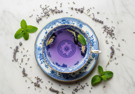 Overhead flat lay of vibrant purple herbal tea served in a delicate blue and white porcelain teacup, accented with fresh mint leaves and lavender flowers on a marble surface. perfect for lifestyle, wellness, or beverage content.の素材