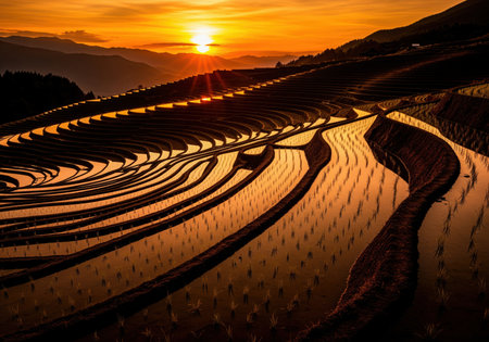 A breathtaking landscape view of flooded rice terraces during the golden hour. the curving paddies reflect the intense orange and yellow light of the setting sun, highlighting the agricultural beauty and dramatic scenery.の素材