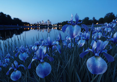 A dramatic, low angle shot captures vibrant blue irises growing along the water edge at twilight. the distant city skyline reflects in the calm water under a dark blue sky.の素材