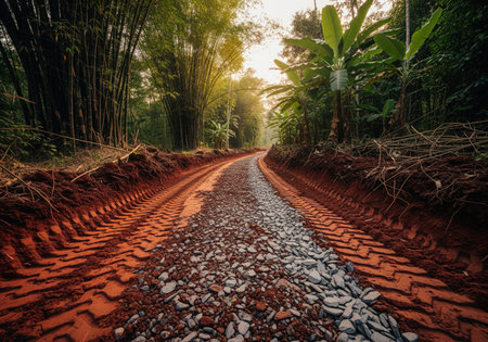 Low angle view of a newly constructed gravel road cutting through dense tropical jungle. deep tire tracks from heavy machinery are visible in the surrounding red earth.の素材