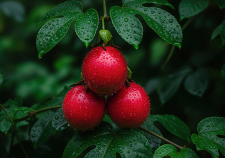 Close up of three bright red, spiky passion fruits hanging on a vine. the fruits and dark green leaves are covered in fresh water droplets, suggesting a humid tropical environment.の素材