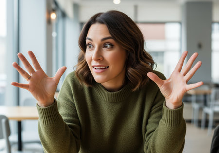 A young woman wearing an olive green sweater gestures emphatically with both hands raised and fingers spread, conveying intense excitement, surprise, or explanation during a conversation.の素材