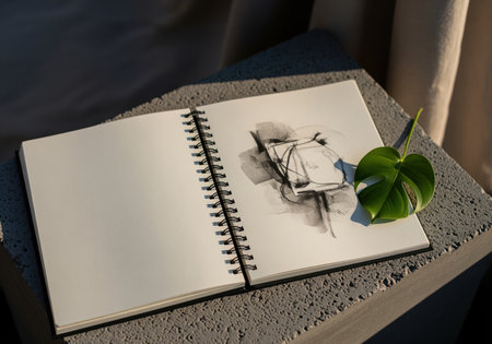 An open, spiral bound sketchbook rests on a textured surface, featuring an abstract charcoal sketch and a vibrant green monstera leaf, highlighted by dramatic natural light.の素材