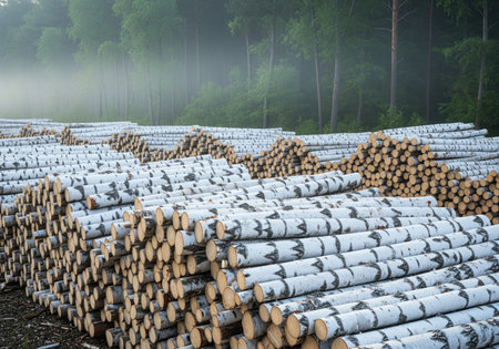 Massive piles of freshly harvested birch logs stacked neatly in a logging area, ready for processing. the background shows a misty forest landscape.の素材