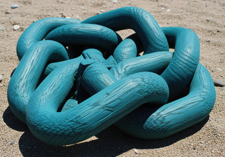 A close up view of a large, rustic sculpture made of thick wooden chain links painted vibrant teal. the links are intricately intertwined, forming a complex decorative knot resting on sandy ground.の素材