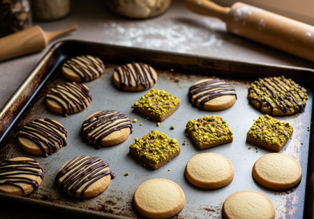 A variety of freshly baked shortbread cookies arranged on a metal baking tray. the assortment includes plain, chocolate drizzled, and pistachio covered squares, perfect for holiday treats.の素材