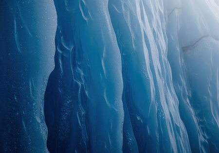 Close up abstract texture of ancient, deep blue glacial ice. vertical frozen ridges and grooves are highlighted by soft light, emphasizing the cold, pristine natural environment.の素材