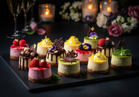 A delightful collection of gourmet mini cheesecakes, beautifully arranged on a dark slate board, featuring various flavors and exquisite toppings like fresh berries, chocolate, and edible flowers, perfect for a sophisticated dessert spread.の素材