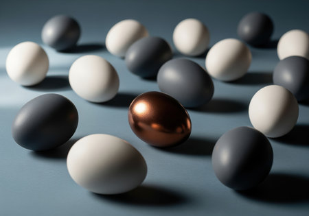 A single shiny metallic copper egg is surrounded by numerous matte white and dark gray eggs, creating a striking visual contrast. this modern still life is suitable for easter, finance, or uniqueness concepts.の素材