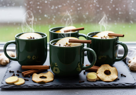 Four dark green mugs filled with hot, steaming spiced apple cider, garnished with cinnamon sticks and apple slices, sitting on a slate board with ginger and cloves, perfect for autumn or winter comfort.の素材