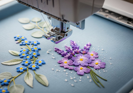 A close up view of an industrial embroidery machine creating intricate floral designs, including blue forget me nots and purple flowers, on light blue fabric. this illustrates craftsmanship and textile art.の素材