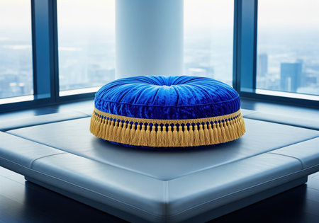 Elegant, tufted royal blue velvet pouf featuring a rich gold tassel fringe, used as a decorative accent piece in a contemporary, upscale interior design.の素材
