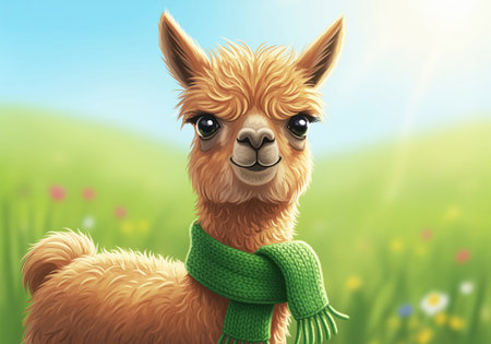 Whimsical digital portrait of a cute baby alpaca with fluffy caramel fleece and expressive eyes, wearing a bright green knitted scarf.の素材