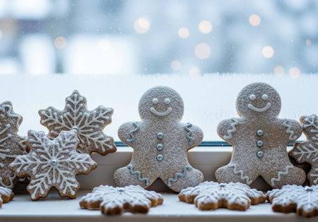 Delicious homemade gingerbread men and delicate snowflake cookies are beautifully decorated with white icing and dusted with powdered sugar, creating a cozy winter holiday scene.の素材