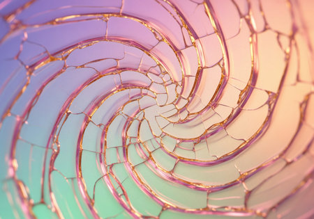 A mesmerizing abstract background featuring a cracked mirror surface spiraling inwards. the fissures are highlighted with gold, reflecting a vibrant holographic pastel gradient of pink, purple, and teal.の素材