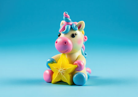A cute, colorful miniature unicorn figurine made of polymer clay, featuring pink, blue, and yellow details. the whimsical character is sitting and holding a fresh, sliced star fruit.の素材