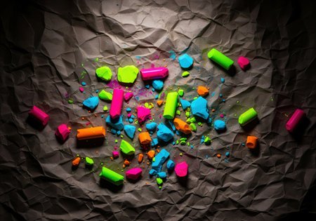 Brightly colored fluorescent chalk sticks and fragments are scattered on a dark, crumpled paper background, creating a vibrant, messy composition perfect for art concepts.の素材