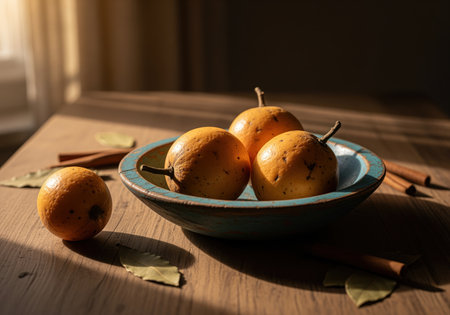 Rustic still life featuring yellow exotic fruits in a teal wooden bowl, surrounded by cinnamon sticks and bay leaves on a wooden table, dramatically lit by natural sunlight.の素材