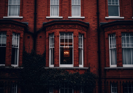 Close up view of a traditional victorian red brick building facade. the central bay window reveals a warm, illuminated interior with a chandelier, contrasting with the dark exterior and climbing ivy.の素材