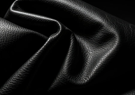 Close up of deeply folded black leather, showcasing its rich texture and dramatic shadows. ideal for backgrounds, fashion, or luxury design concepts.の素材