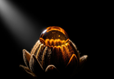 A close up shot of a glistening amber liquid drop resting on a fuzzy, dark flower bud, illuminated by a dramatic spotlight. this image evokes themes of nature, preciousness, and delicate beauty, suitable for various design projects.の素材